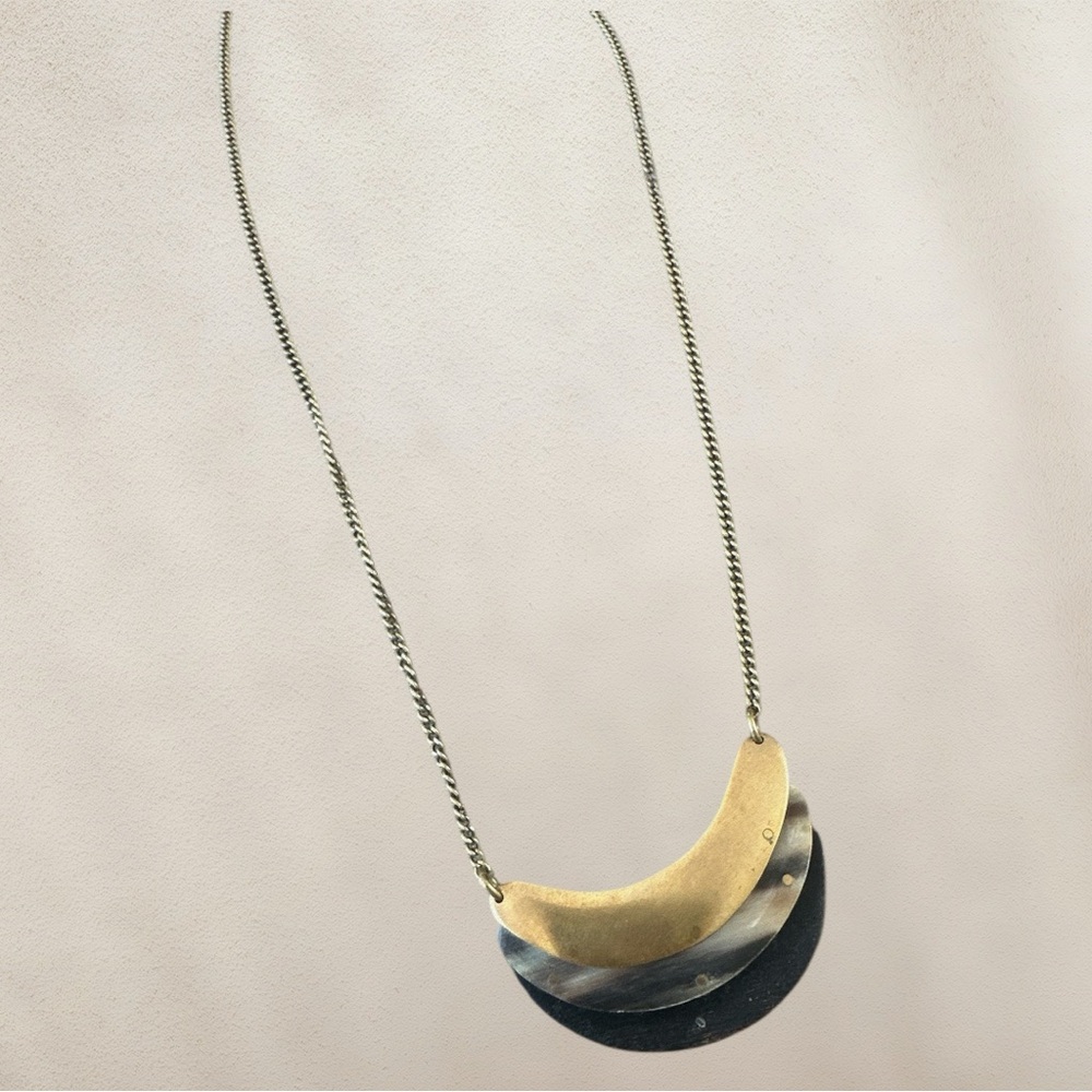 Madewell Brass, Shell and Wood Crescent Necklace